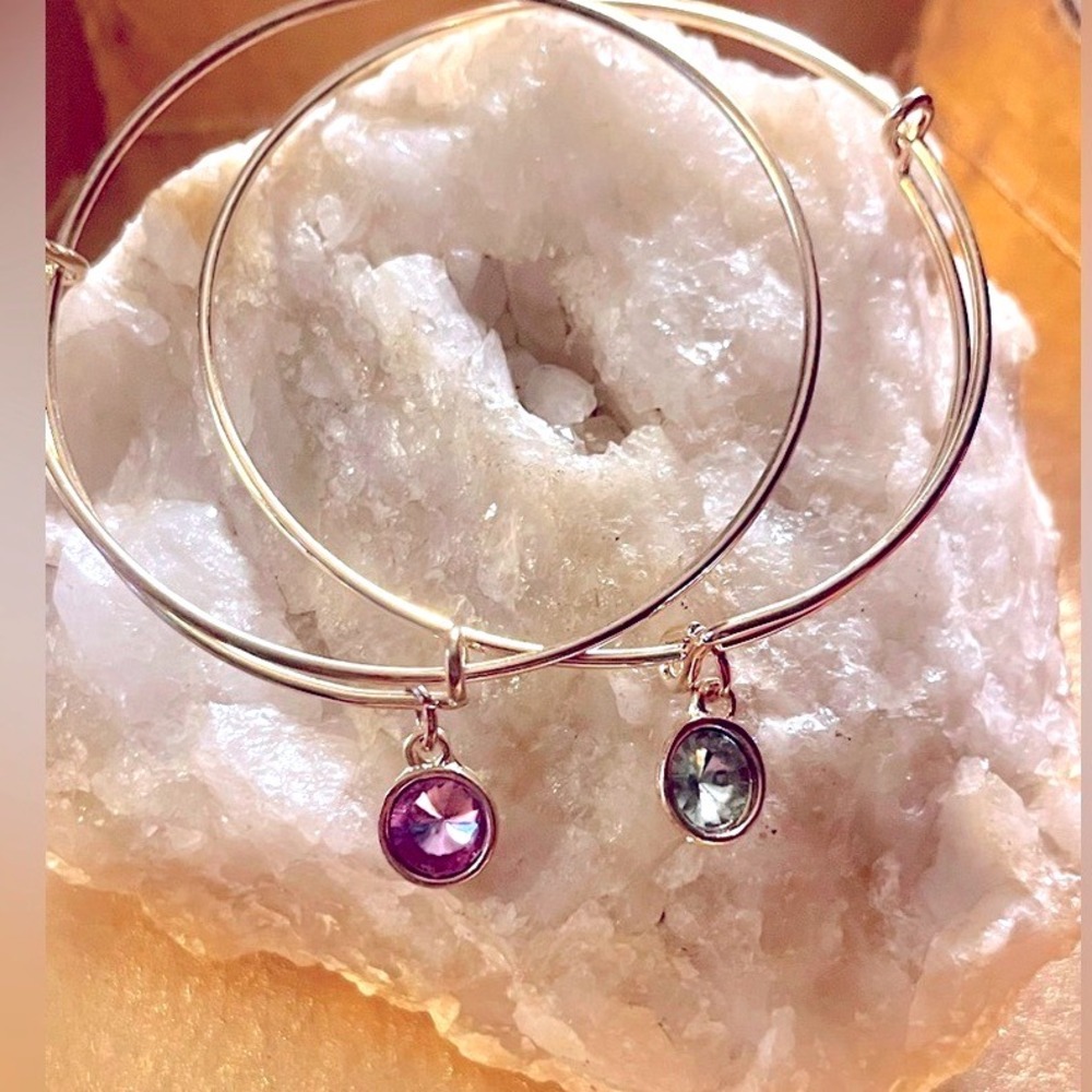 Pair/Set Of 2 Gold Boho Glam Bangles With Purple & Green Crystal Gemstones -New